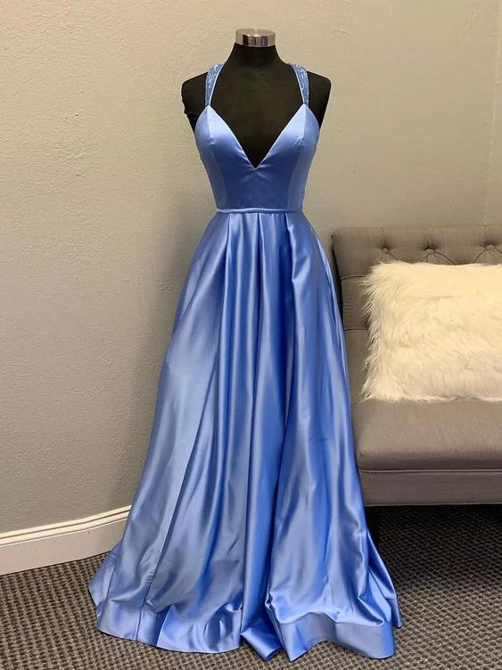Charming A Line V Neck Satin Long Prom Dresses with Beading VK24102302
