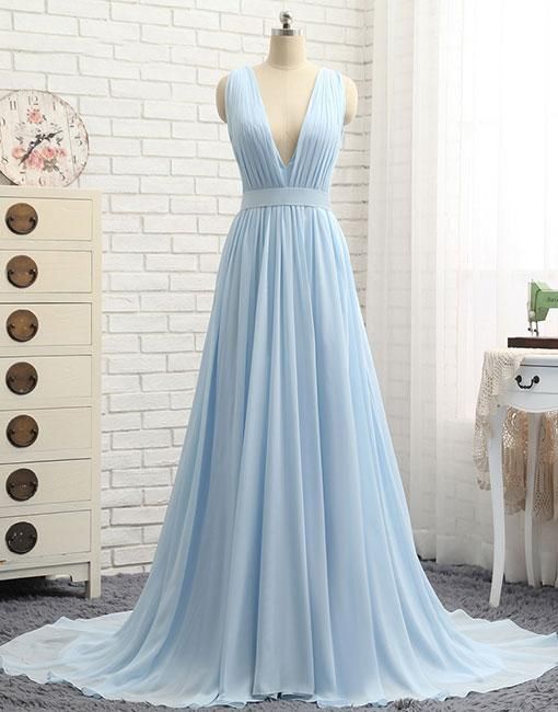 Simple Blue V Neck Chiffon Long Prom Dress, Blue Evening Dress M2384