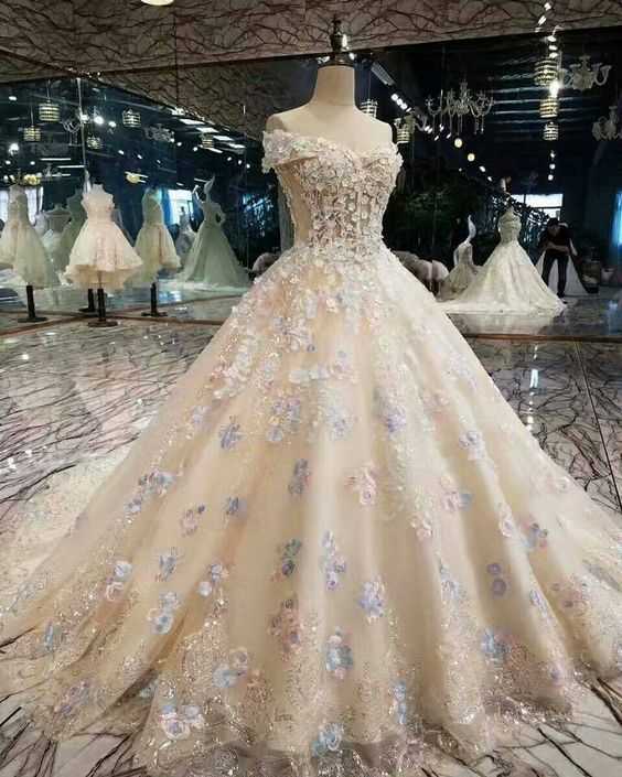 Off Shoulder Champagne Appliques Wedding Dresses Bridal Ball Gowns Custom Made M2413