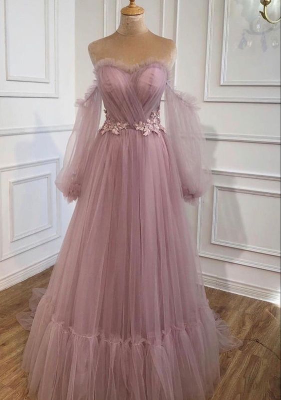 Elegant Mauve Tulle Prom Dresses Princess Style Puffy Sleeves M2531