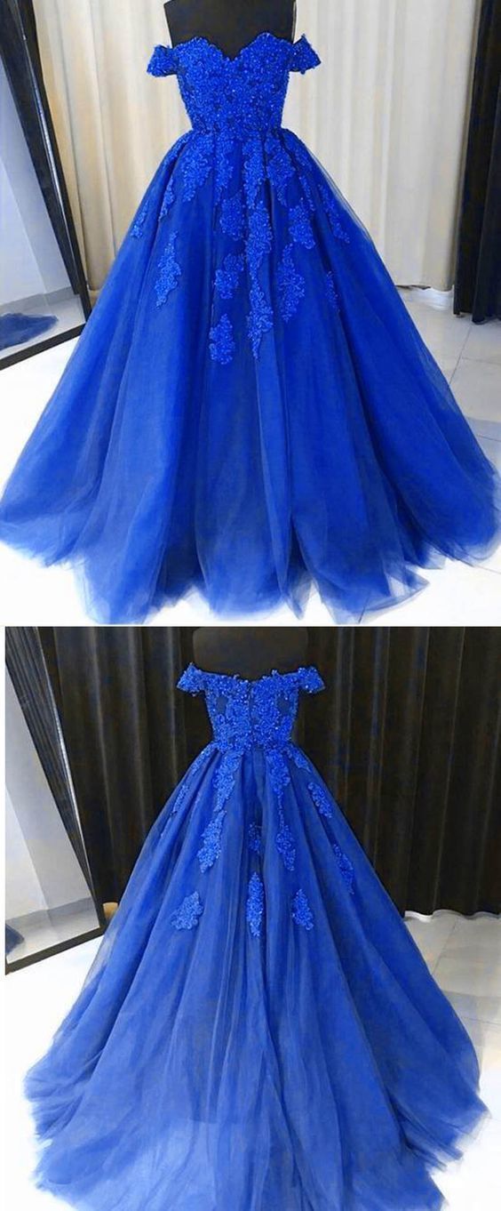 Elegant Royal Blue Lace Tulle A Line Prom Dress Off Shoulder Women Party Gowns , Formal Evening Party Dresses M2534