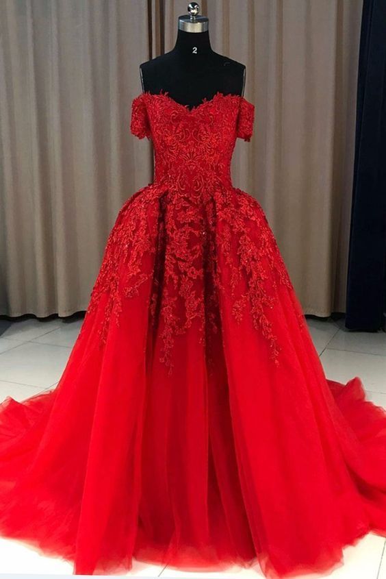 Red Tulle Off Shoulder Strapless Sweep Train Long Evening Dress M2551 ...