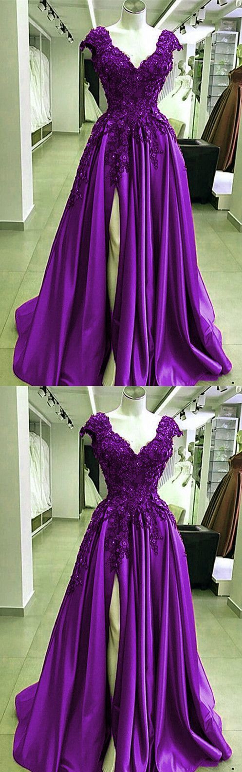 Purple Lace Flowers Beaded V Neck Cap Sleeves Satin Prom Dresses Leg Split M2581