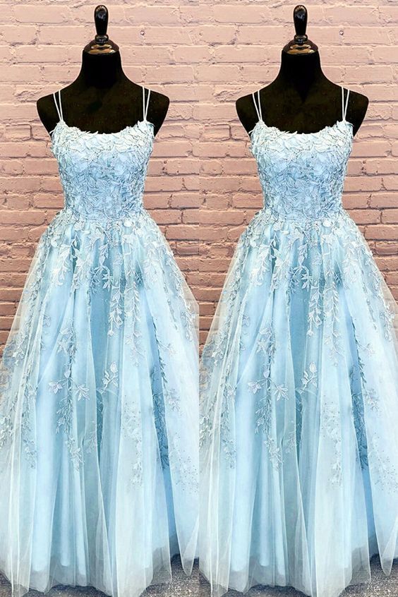 Elegant Cinderella Blue Prom Dresses Ball Gown Tulle Floor Length Lace Embroidery M2585