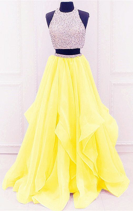 Prom Dresses Classy, 2 Pieces Long Yellow Simple Prom Dresses M2612