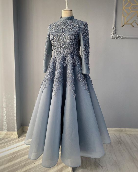 Modest Blue Prom Dresses Lace Emroidery Evening Dress M2636 on Luulla