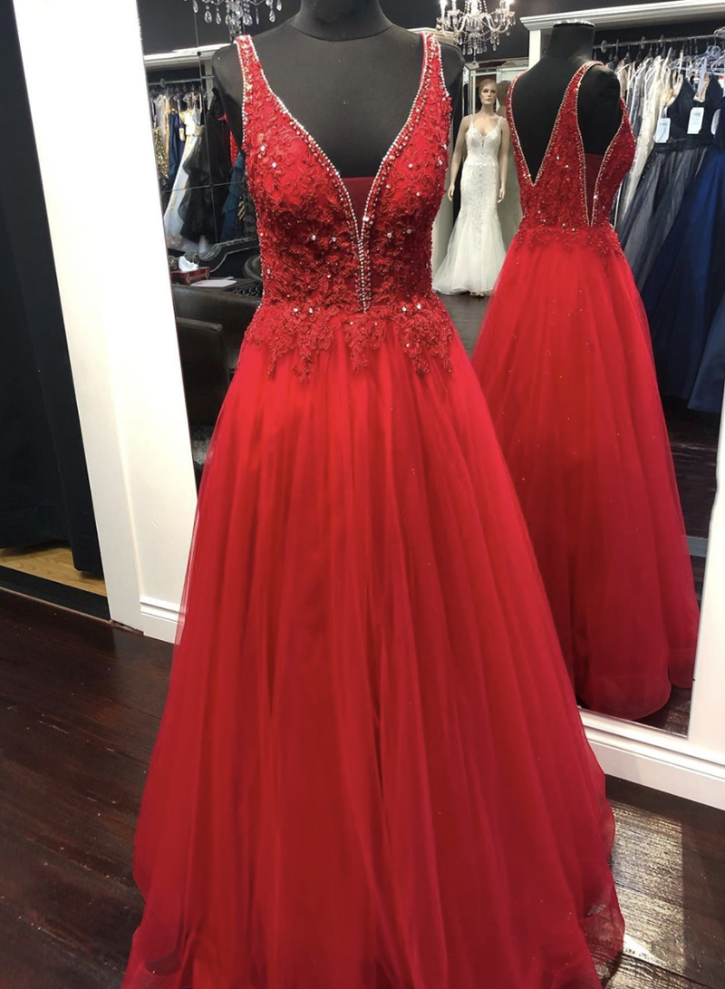 Red V Neck Tulle Lace Long Prom Dress Red Evening Dress M2681