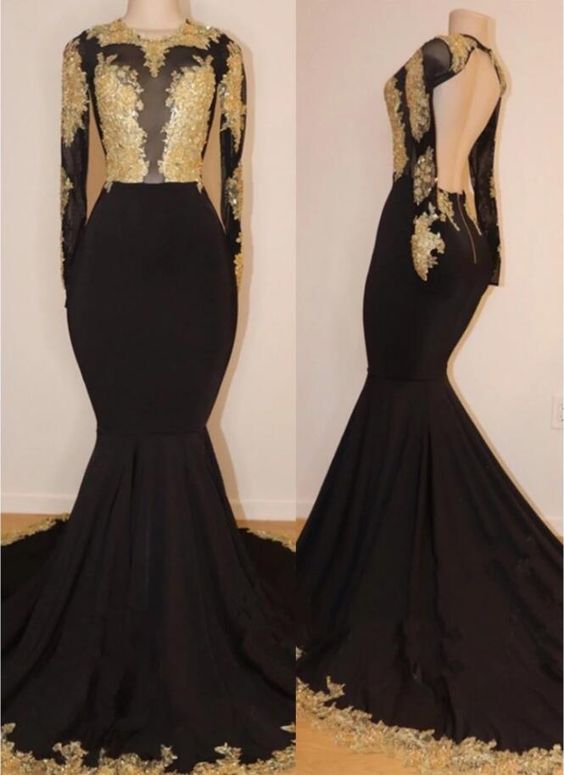 Black Satin Mermaid Prom Dresses With Gold Lace Appliqued Custom Made Women Party Gowns , Evening Gowns M2691