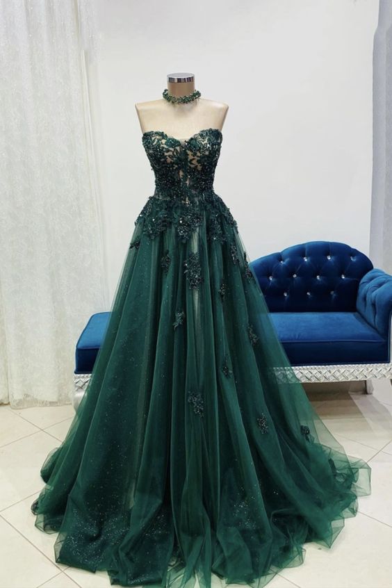 Green Lace Long Prom Dress A Line Evening Dress M2703