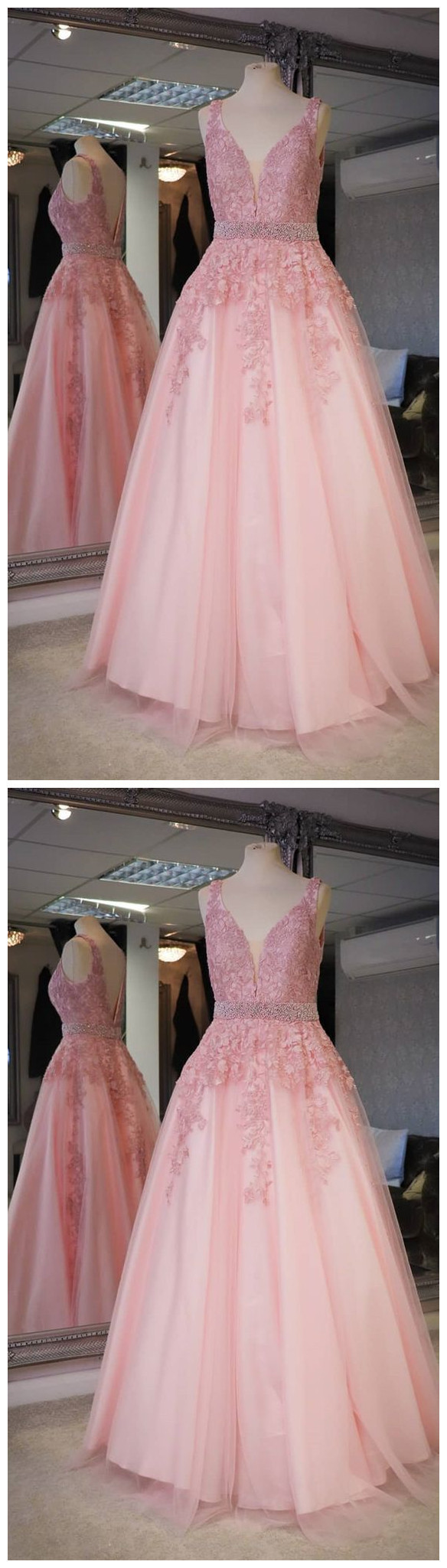 Formal Pink Lace Long Dresses, Pink Long Prom Dresses, A Line Graduation Party Gowns M2704