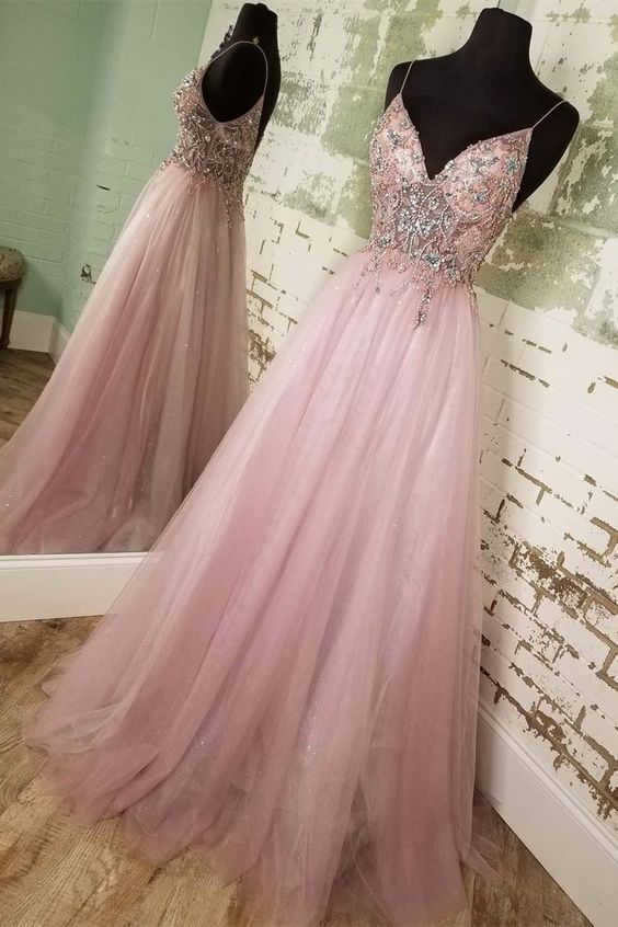 Vintage Orange Spaghetti Straps Tulle Beaded A Line Long Prom Dress Evening Gown SP282 main image 1
