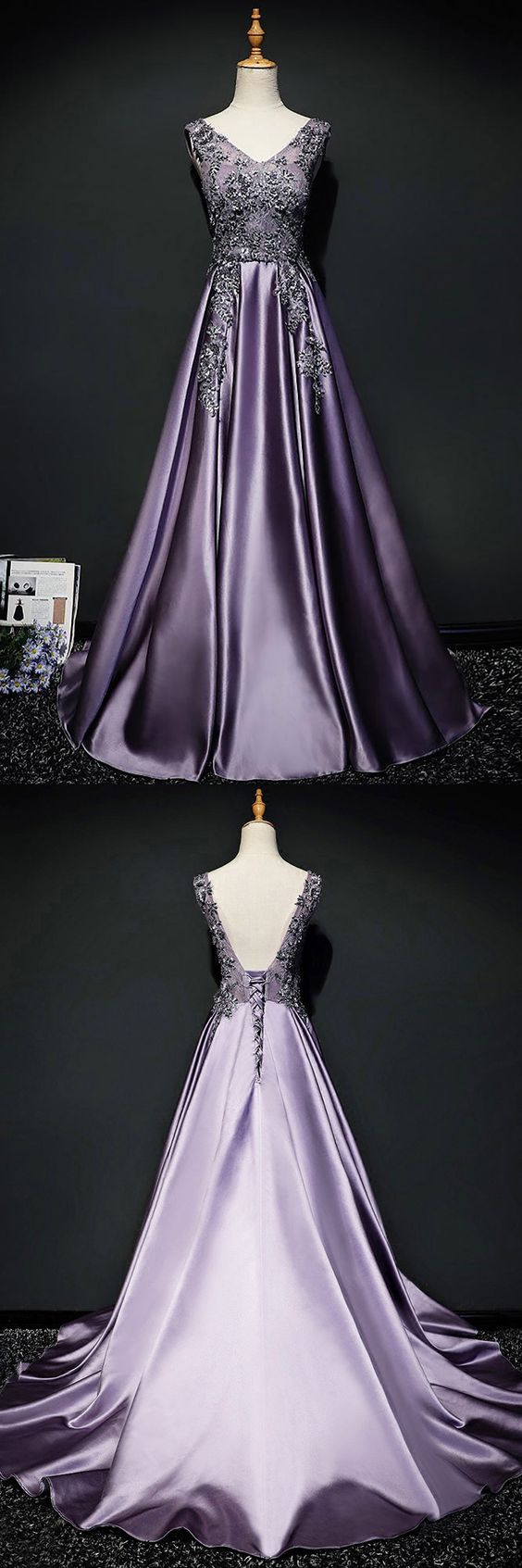 Purple Satin Long Sleeves Prom Dress Formal Dress, Lace Applique Sweet 16 Dress main image 1