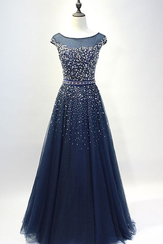 Dark Blue Tulle Sequins Round Neck Full-length Prom Dresses, A-line Evening Dresses M2829