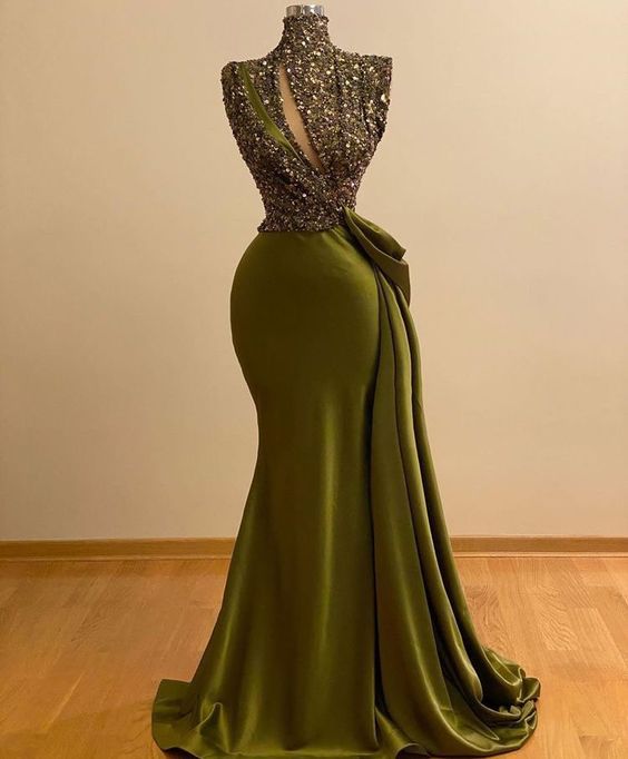 Olive Green Prom Dresses With Sparkly Sequins M2907