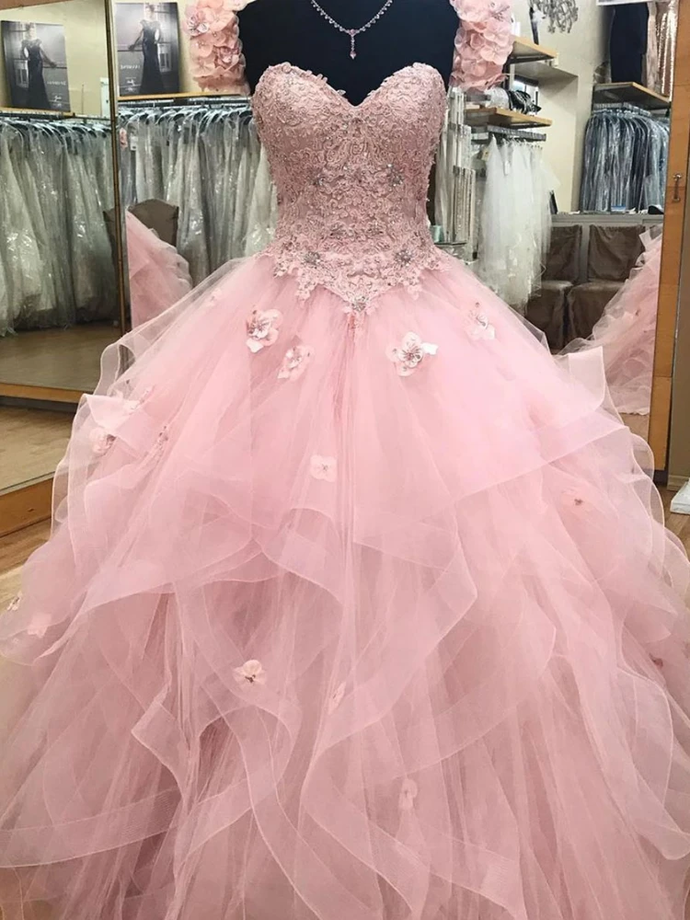 Pink Sweetheart Tulle Long Prom Gown, Pink Sweet 16 Dress M3014