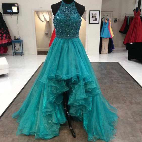 Teal Color A Line Beaded Halter Organza Ruffles High Low Prom Dresses M3052