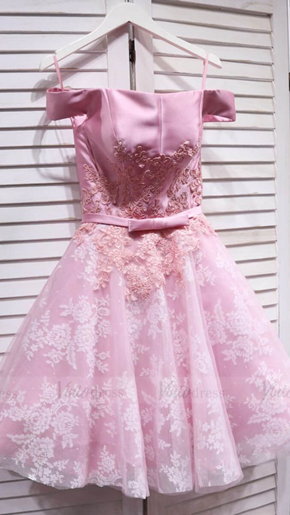 Off The Shoulder Pink Lace Homecoming Dresses M3136