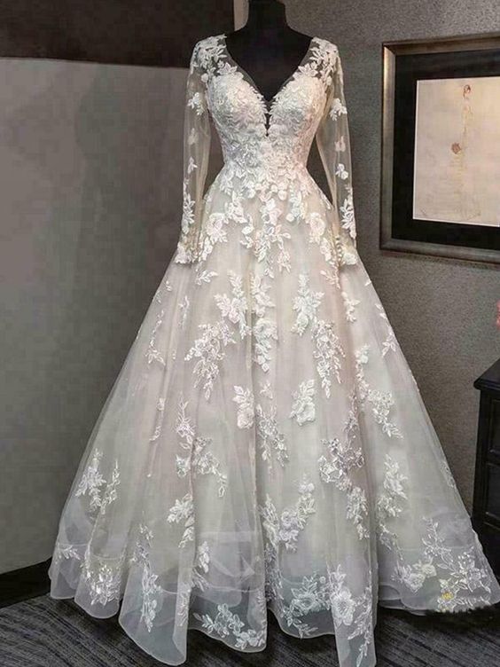 Long Sleeve V Neck A Line Wedding Dresses Backless Lace Appliques ...