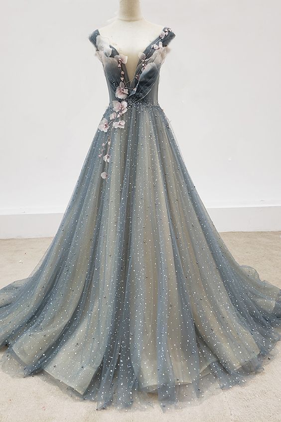 Unique v neck tulle beads long prom dress, unique design evening dress