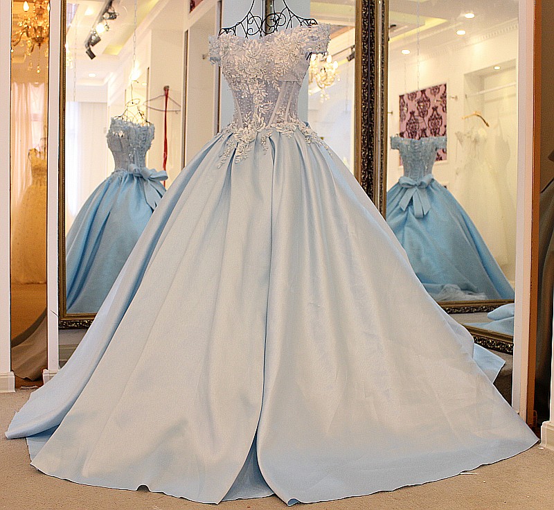 Baby Blue Ball Gown Tulle Prom Dresses Off The Shoulder Handmade ...