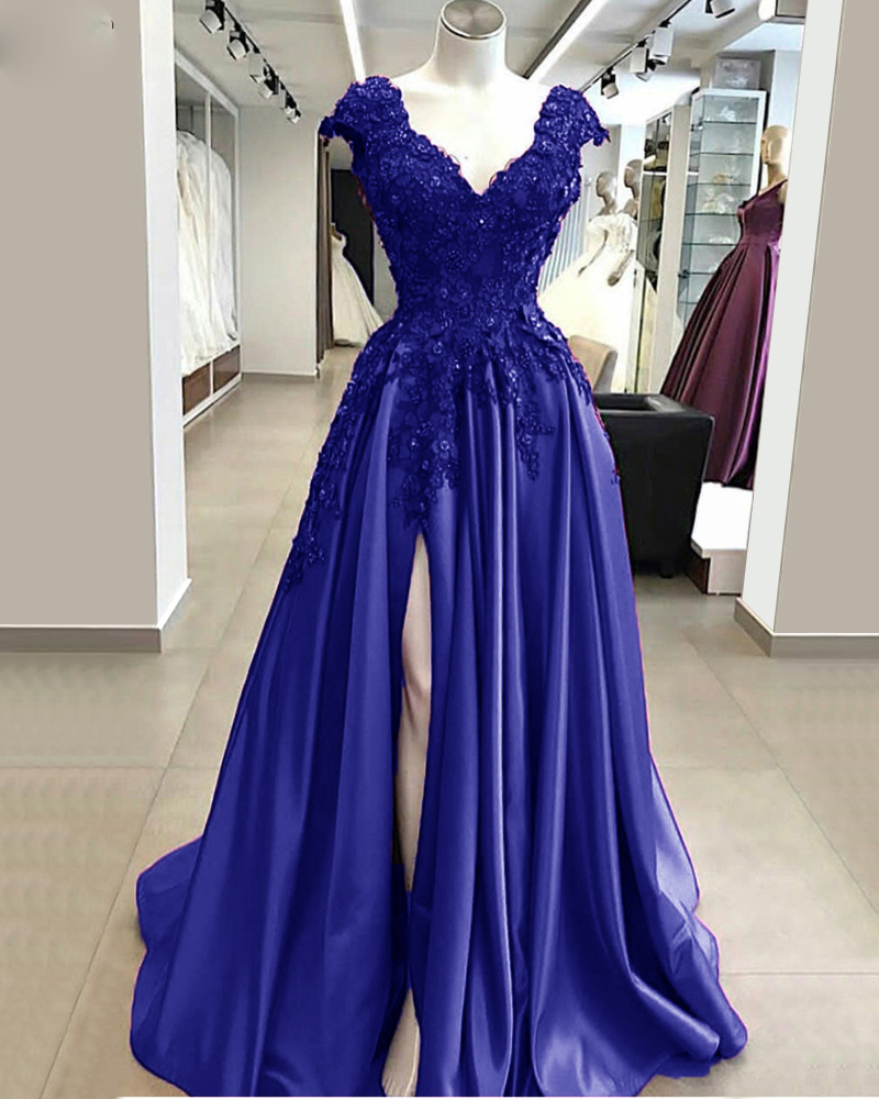 Atmospheric Royal Blue V Neck Slit Leg Lace Long Dress M3247