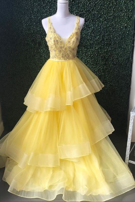 Charming Yellow V-neck Tulle Prom Dress M3275