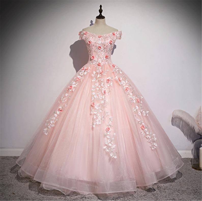 Elegant Pink Quinceanera Dress Off-the-shoulder Dancing Party Dress Lace Up Back Ceremony Gown M3296