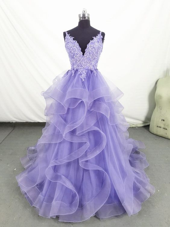 Lovely Purple Tulle Long Layers Handmade Formal Dress, Lace Top A-line Prom Dress M3300