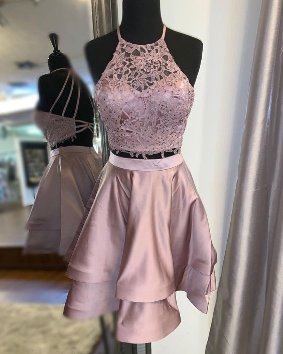 Two Piece Mini/Short Pink Lace Homecoming Dress Two Piece Mini/Short Pink Lace Homecoming Dress