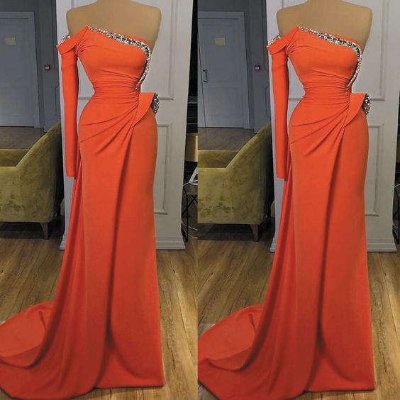 Coral Evening Dresses Long One Shoulder Beaded Sparkly Elegant Modest Mermaid Evening Gown M3350