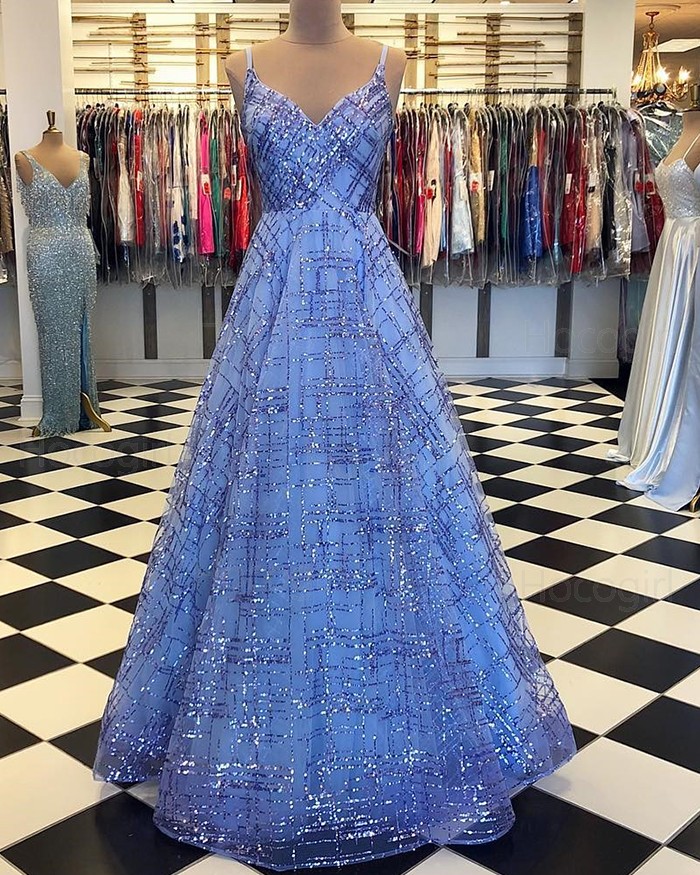 Spaghetti Straps Sequin Pattern Blue Sparkle Prom Dress M3354