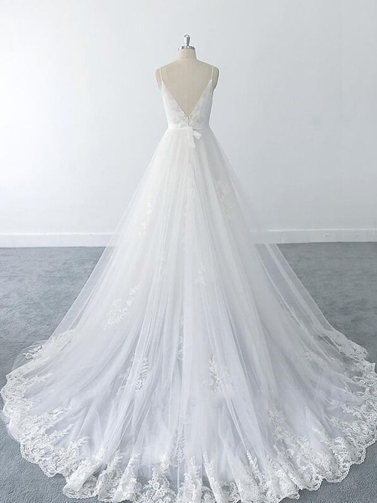Square Straps Appliques Tulle A-Line Wedding Dress