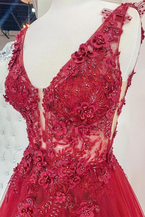 Lace Appliqued And Beaded Long Dresses Red