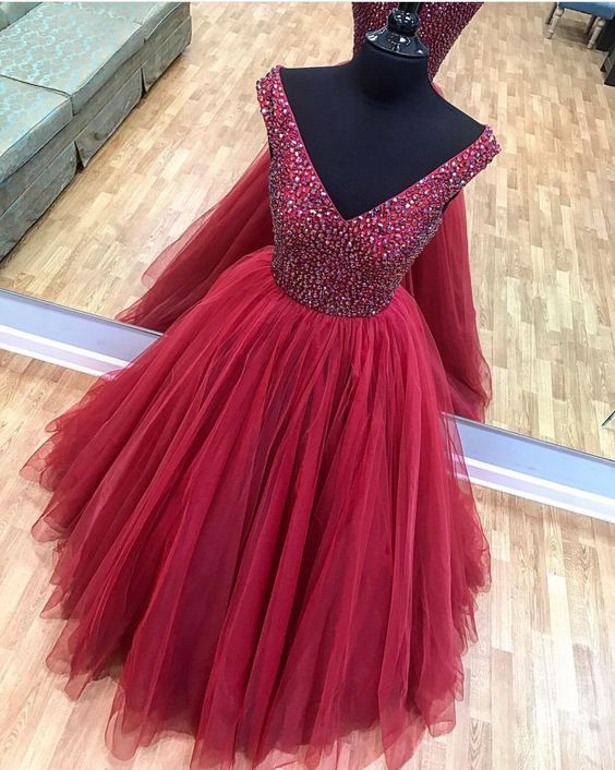 Luxury Beaded V-neck Bugundy A Line Long Prom Dresses Custom Made Quinceanera Party Gowns , Prom Gowns M3500