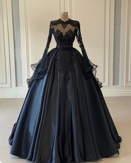 Custom Black African Wedding Gown, Satin Black Wedding Dress, African Evening Dress M3535
