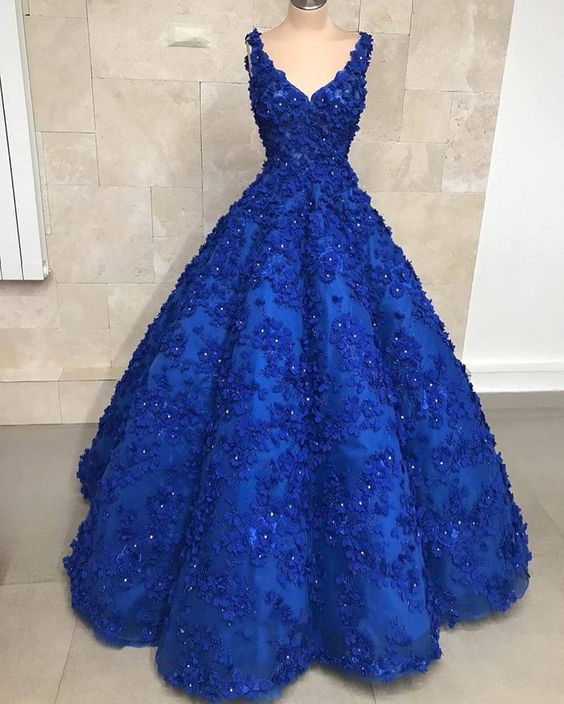 Sexy V Neck Sleevless Royal Blue Long Prom Dress, Floor-length Evening Dress M3572