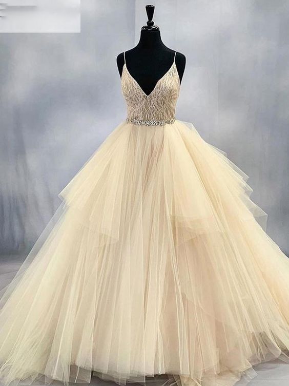 Tulle Lace Beading V-neck Spaghetti Straps Sleeveless Floor-length Prom Dress M3613