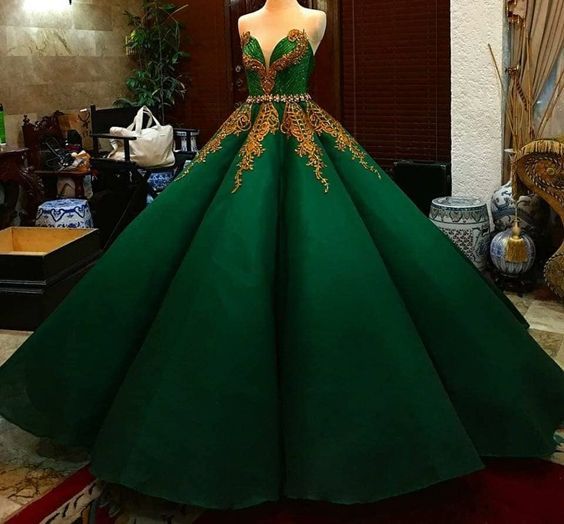 Green Satin Ball Gown , Sweetheart Lace Formal Gown M3615