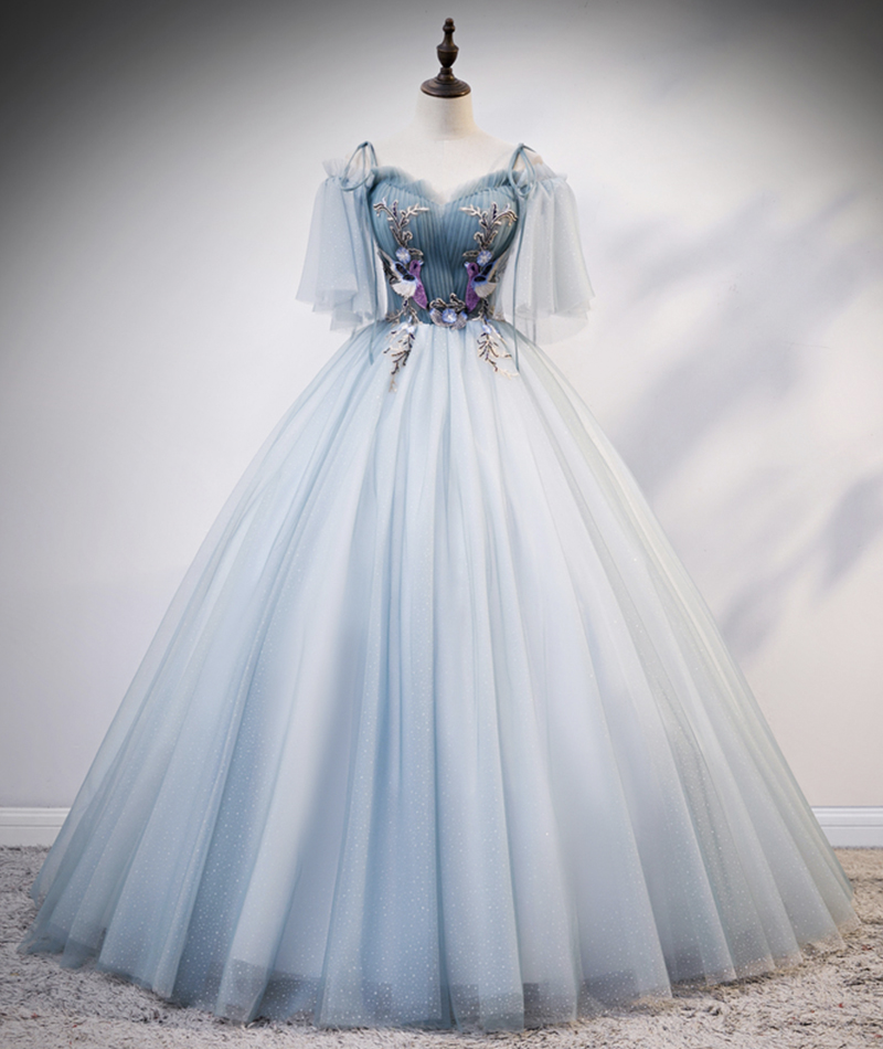 Blue Tulle Long Ball Gown Dress Sweetheart Neck Evening Dress M3616