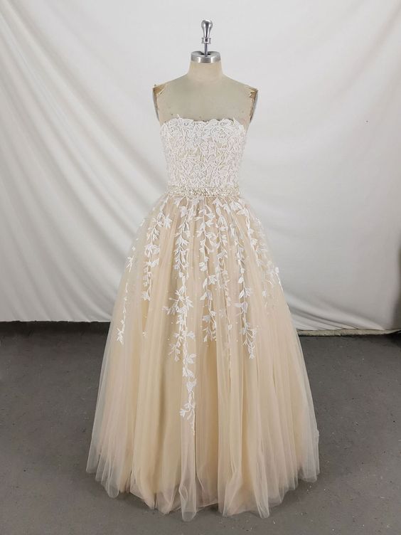 Champagne Sweetheart Tulle Lace Long Prom Dress Lace Formal Dress M3628