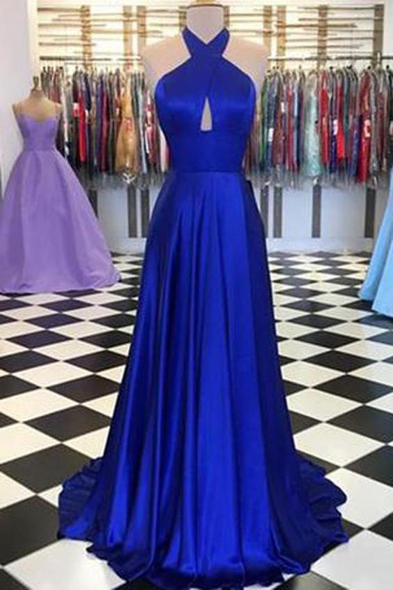 Royal Blue Round Neck Satin Prom Dresses A-line Long Formal Dress M3633