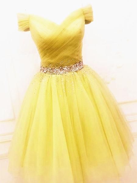 Cute Off Shoulder Sequins Yellow Short Prom Dresses, Off The Shoulder Yellow Homecoming Dresses, Yellow Formal Evening Dresses M3636