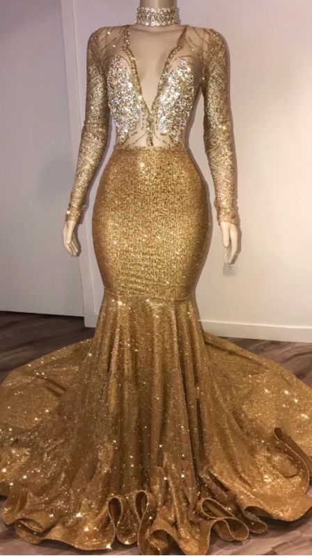 Black Girl Prom Dresses Open Back Gold Prom Dresses Cheap With Choker | Long Sleeve Mermaid V-neck Sexy Evening Gowns With Crystals m3646