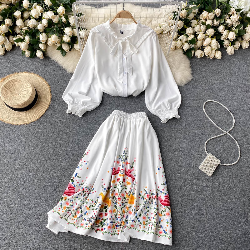 Temperament Suit 2021 Style Ladies Shirt Age Reduction Puff Sleeve All-match Small Fresh Printed Skirt