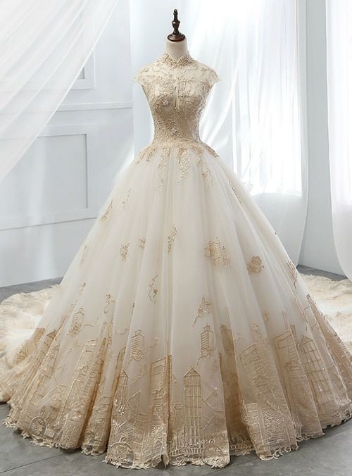 Ball Gown Tulle Gold Lace Appliques High Neck Wedding Dress M3688