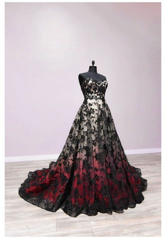 Gothic Black And Red Wedding Dresses Lace V Neck Sparkly Sweep Train Bridal  Gown | eBay