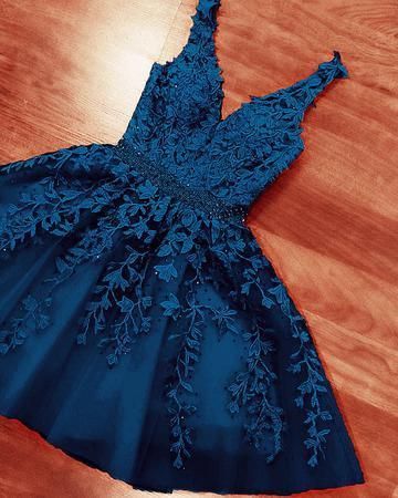 Short Lace Homecoming Dress V Neck Beaded Sashes M3752