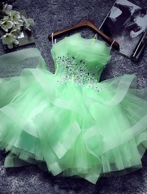 Mint Green Mini Cocktail Dress Cascading Ruffles Strapless Short Party Dress,chic Sleeveless Lace Appliques Graduation Dress M3755