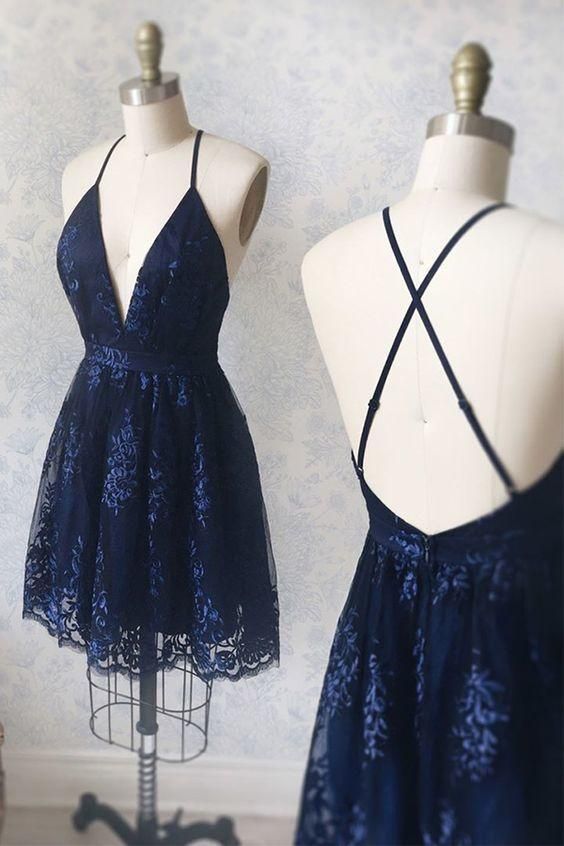 Navy Blue Homecoming Dress With Appliques, Vintage Party Dresses M3772