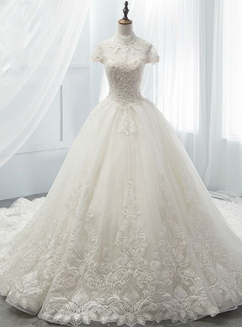 White Ball Gown Tulle Lace High Neck Cap Sleeve Wedding Dress M3795